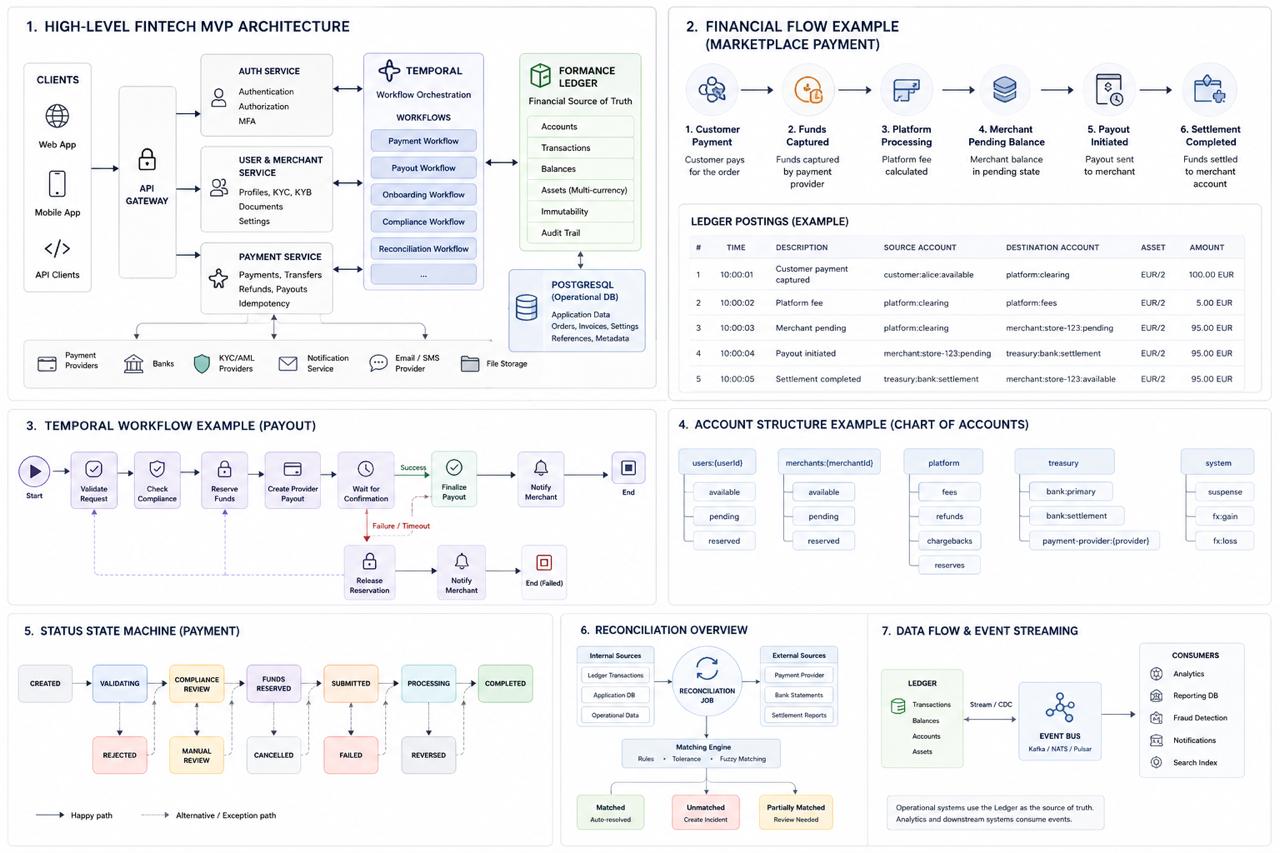 Fintech MVP architecture: Formance Ledger, Temporal workflows, payment lifecycle, reconciliation, and account structure
